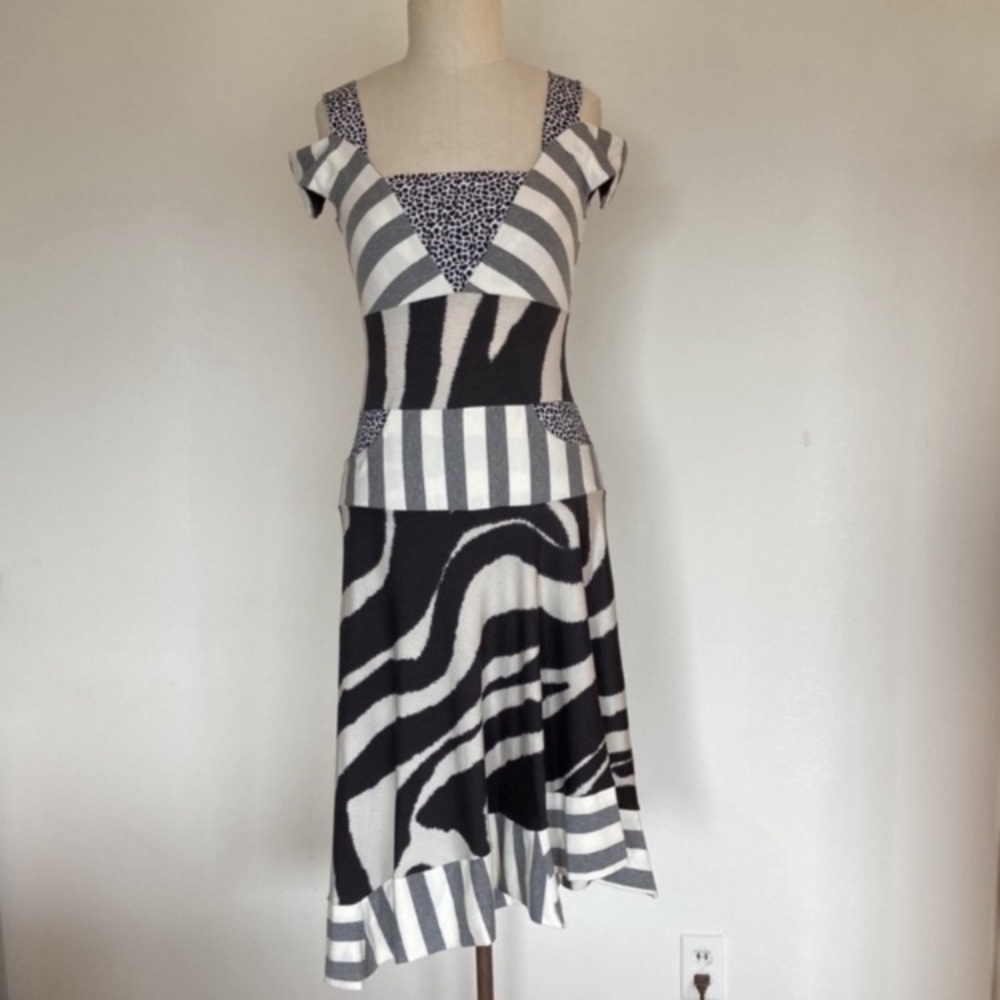 Aimee G asymmetrical knit dress, stripes, zebra print, marked M but fits S
